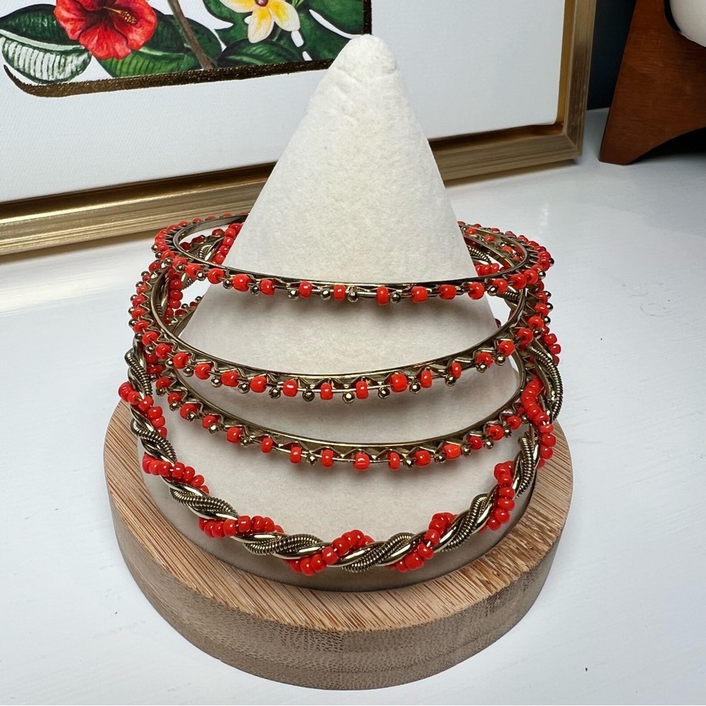 Coral Red 4 Beaded Bracelets Set with Gold Twist Accents - Stackable, Boho Style